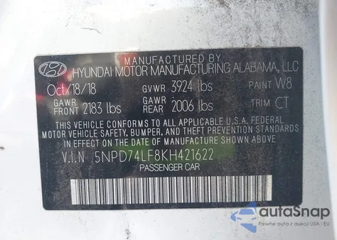 2019 Hyundai Elantra Se z USA, uszkodzony, nr VIN 5NPD74LF8KH421622